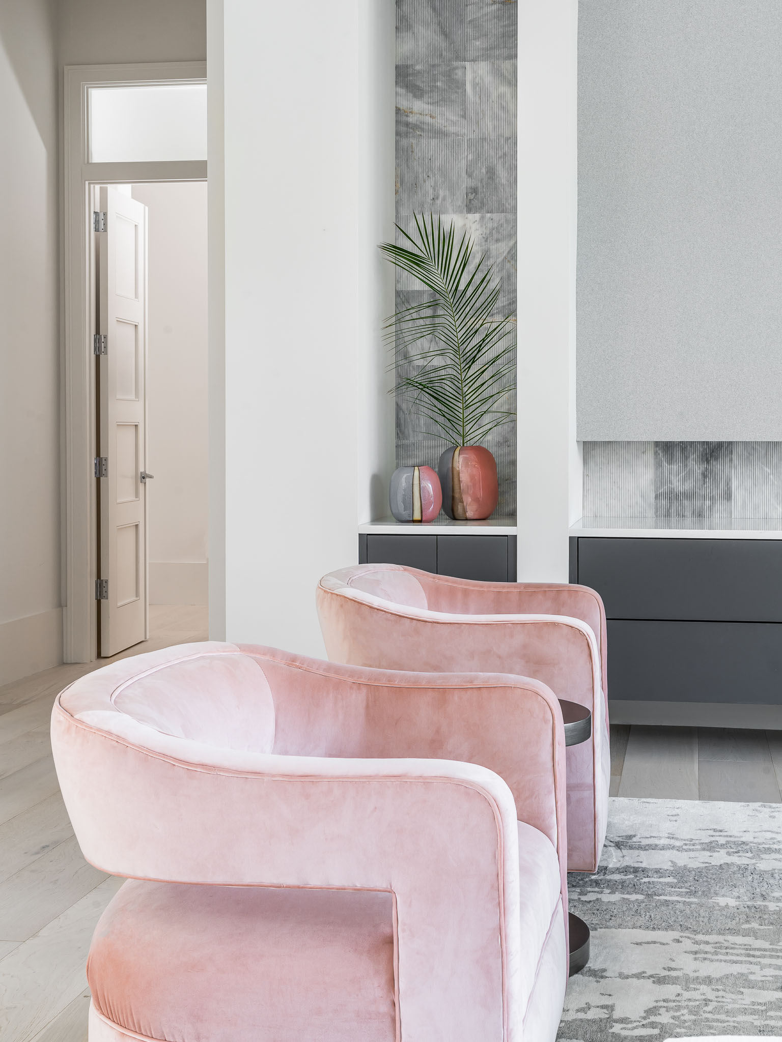 Velvet pink (blush) side chairs designed by Florida interior designer Brooke Meyer of Gulfshore Interior Design