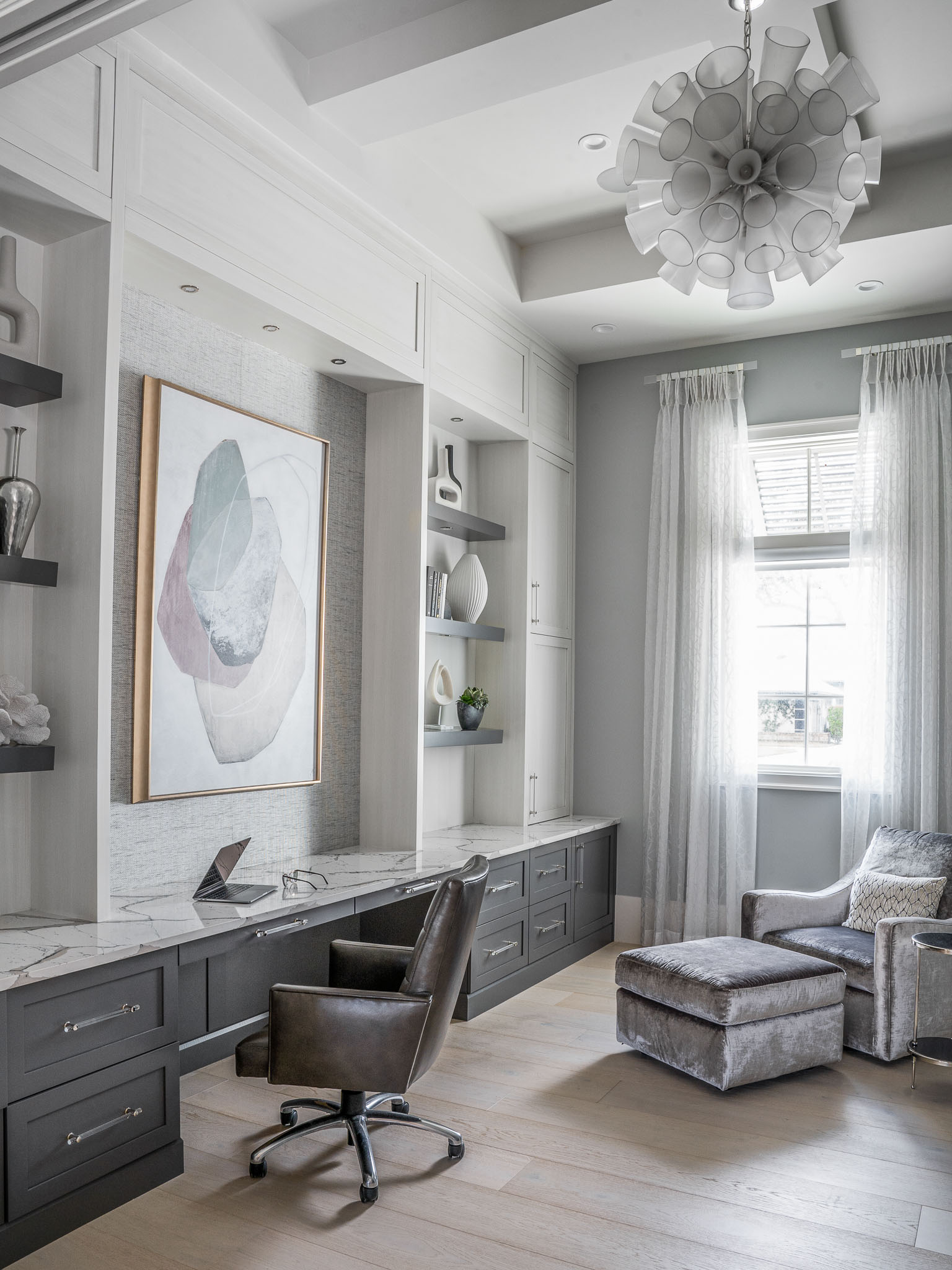 A coastal contemporary home office design with a blush neutral palette, designed by Florida interior designer Brooke Meyer of Gulfshore Interior Design