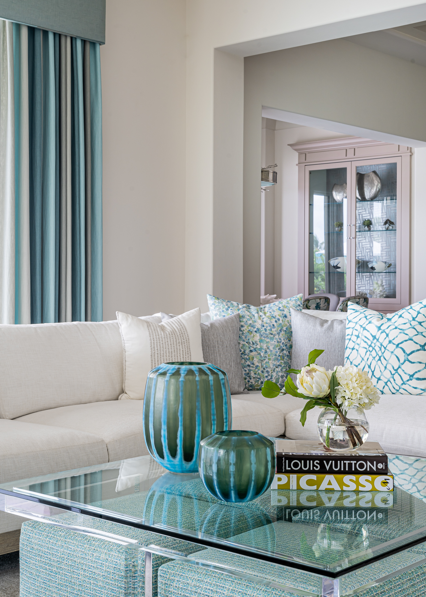 A coastal contemporary home office design with a blush neutral palette, designed by Florida interior designer Brooke Meyer of Gulfshore Interior Design